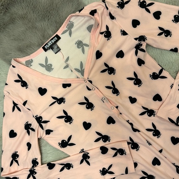 PLAYBOY Pajamas Light Pink Onesie with Black Bunny Print | Loungewear Button Up - Picture 6 of 9